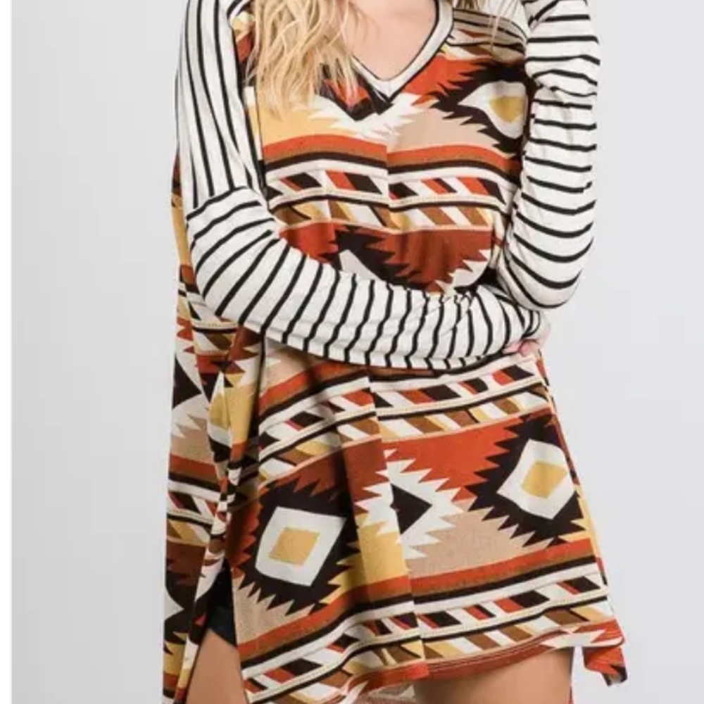Jane By Jane Tribal Print Oversized Aztec Striped Top Sz XL - Picture 2 of 6